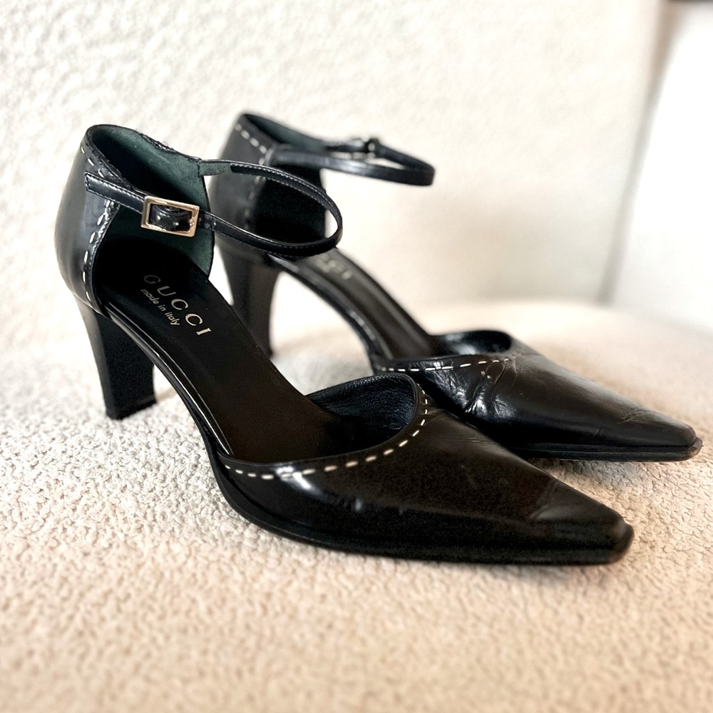 Gucci Black Leather D’Orsay Kitten Block Heel Pumps